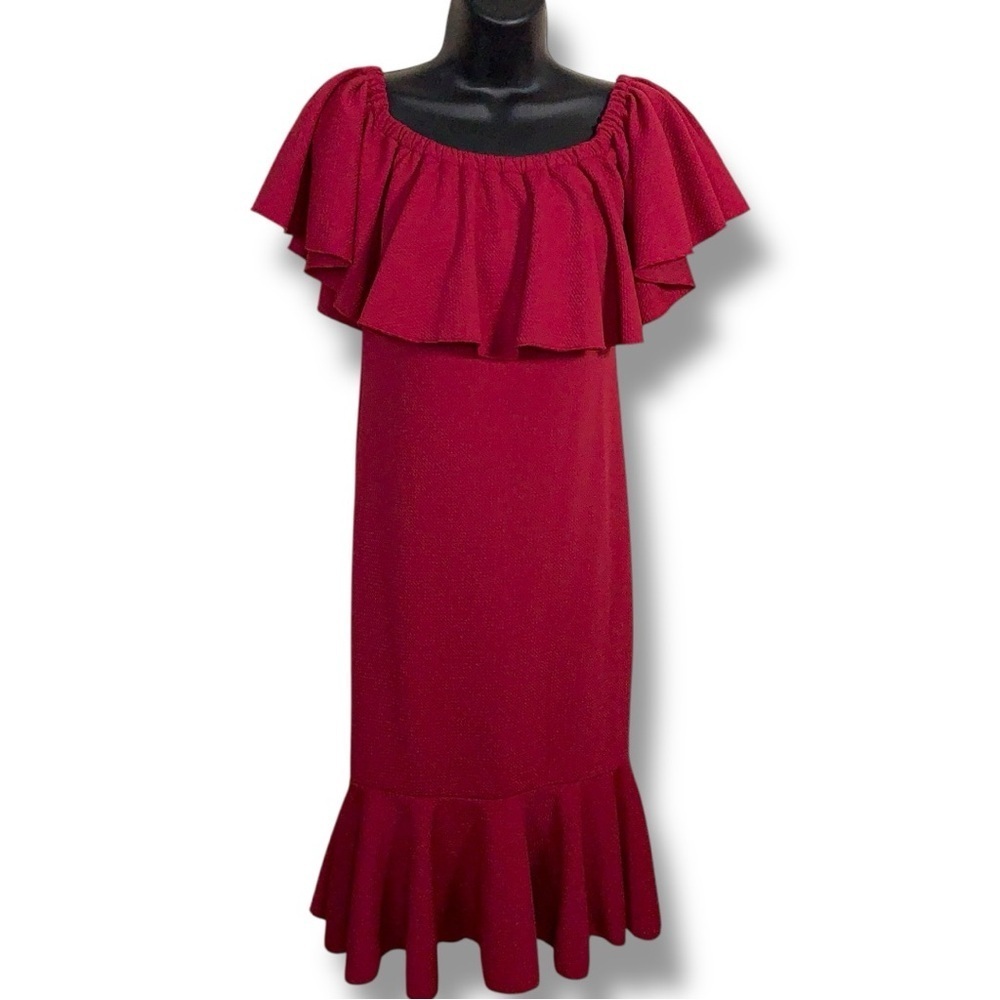 XS LuLaRoe Ruffle Dress Maroon Stretch Off Shoulder Pencil Dress Event Party